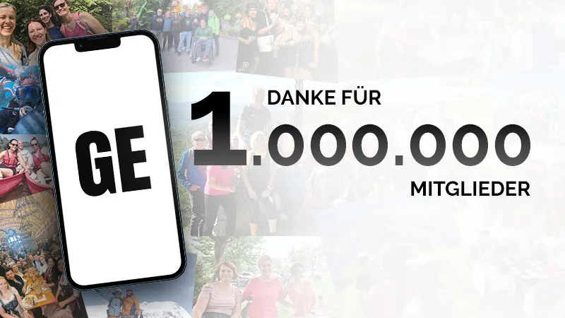 Foto-Collage mit Menschen im Hintergrund, im Vordergrund ein Smartphone mit dem GemeinsamErleben-Logo und daneben den Text “Danke für 1.000.000 Mitglieder”.