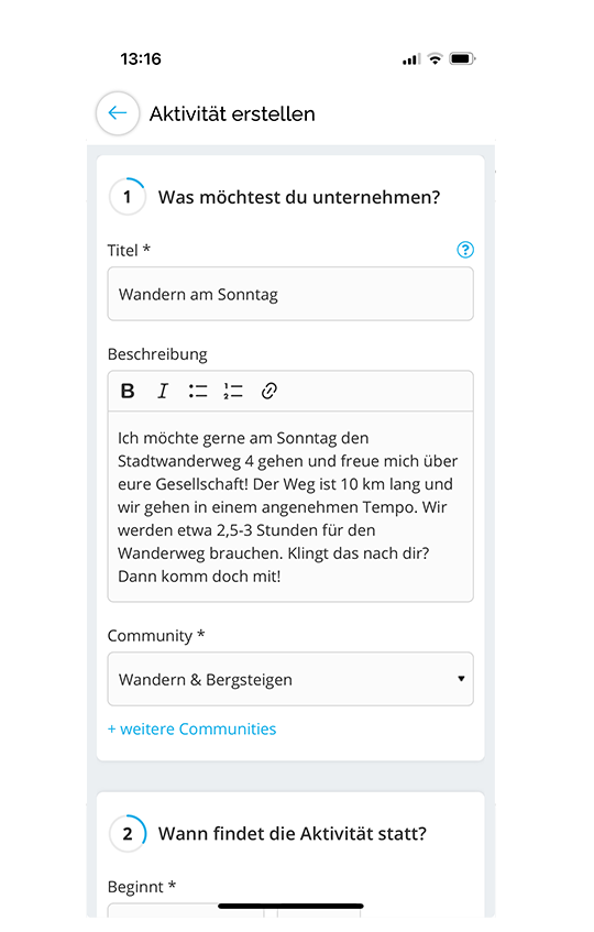Titel und Beschreibung einer Aktivität bei GemeinsamErleben