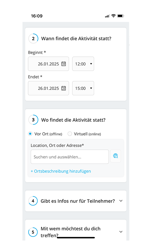 Ort und Zeit einer Aktivität bei GemeinsamErleben festlegen