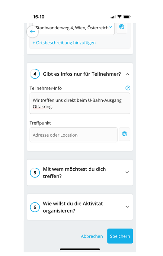 Zusätzliche Informationen für Teilnehmer bei Aktivitäten angeben