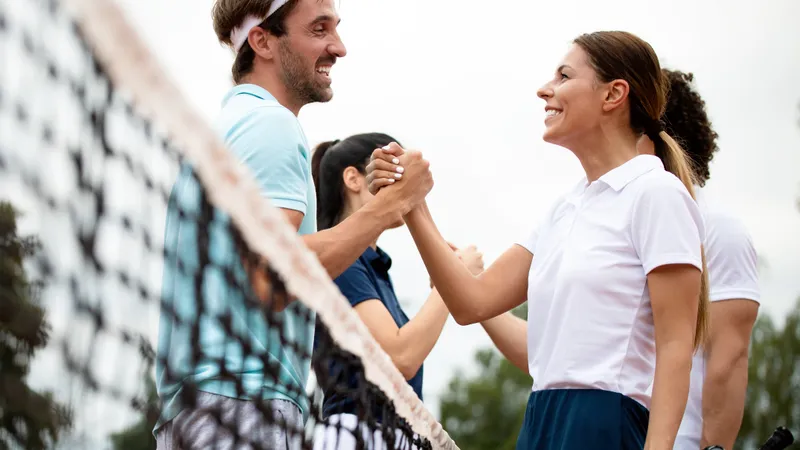 Vier Freunde bedanken sich für ein Tennis-Doppel-Match