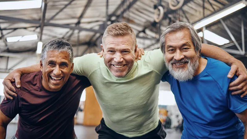 Drei ältere Männer im Sportgewand lachen Arm in Arm in die Kamera.