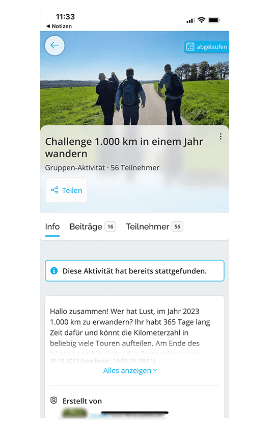 Screenshot eines Neujahrsvorsatzes von GemeinsamErleben-Mitgliedern: 1.000km wandern