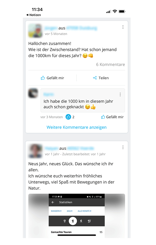Screenshot eines Neujahrsvorsatzes von GemeinsamErleben-Mitgliedern: 1.000km wandern