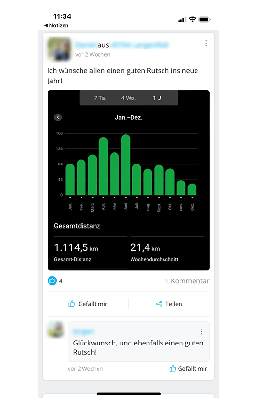 Screenshot eines Neujahrsvorsatzes von GemeinsamErleben-Mitgliedern: 1.000km wandern