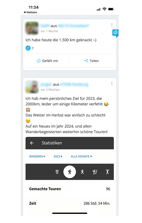 Screenshot eines Neujahrsvorsatzes von GemeinsamErleben-Mitgliedern: 1.000km wandern
