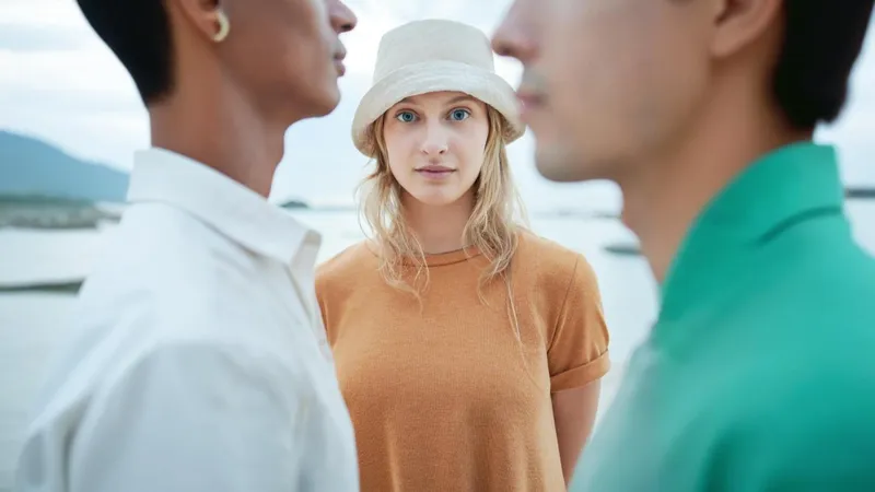 Frau schaut in die Kamera wären rechts und links vor ihr zwei Männer stehen